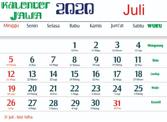 Kalender Jawa 2020 Juli