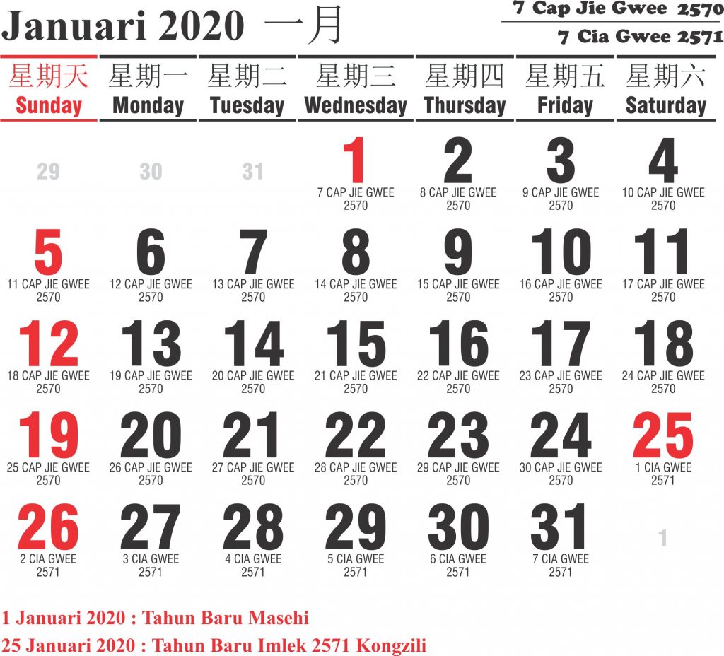 kalender cina januari 2020