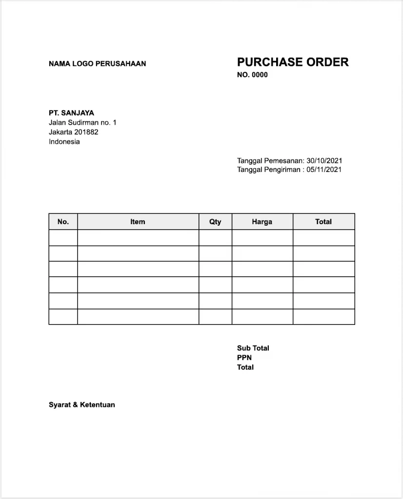 Contoh Surat Purchase Order 1