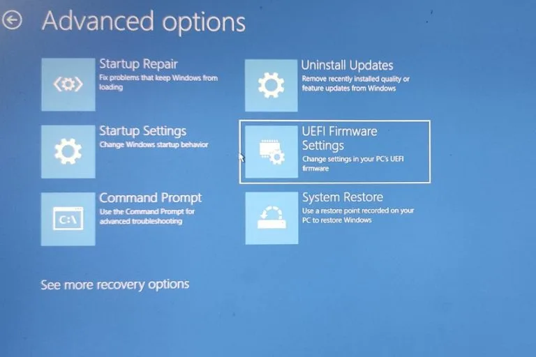 Selanjutnya pada halaman Advanced options, kamu pilih opsi UEFI Firmware Settings